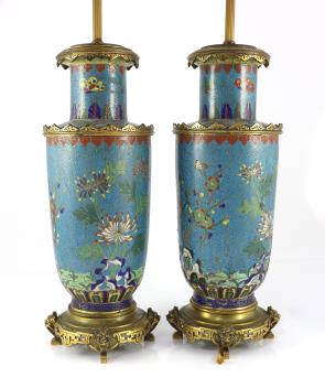 A pair of Chinese cloisonné enamel vases, 19th century with French gilt bronze lamp mounts